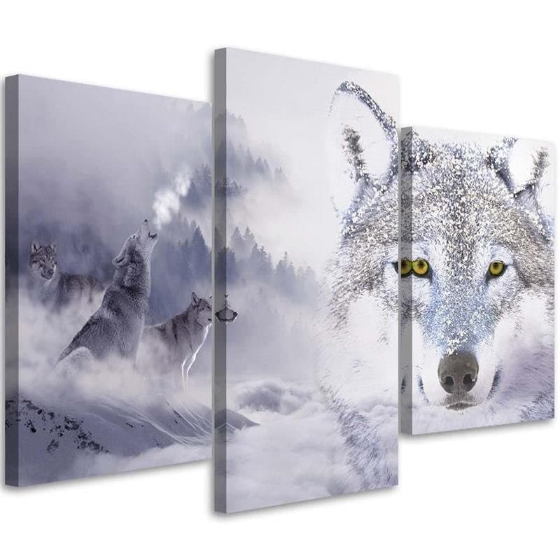 Stampa su tela 3 pezzi Lupo grigio Nuvola Foresta Montagne