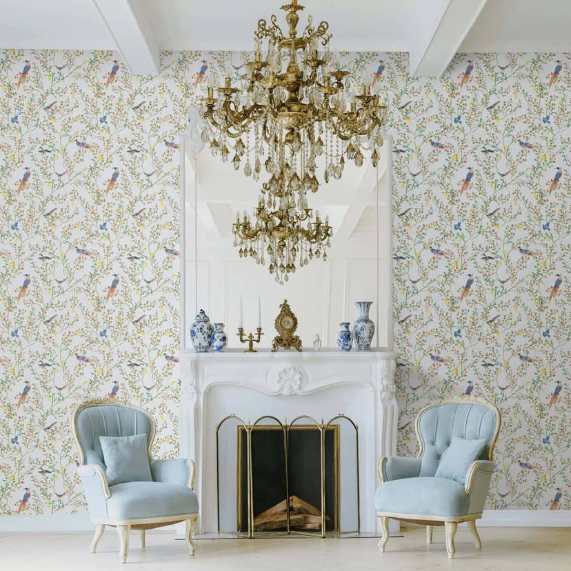 Carta da parati in tessuto non tessuto uccelli, fiori, natura floreale opaca in grigio