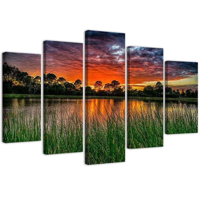 Stampa su tela 5 pezzi, Lago al tramonto