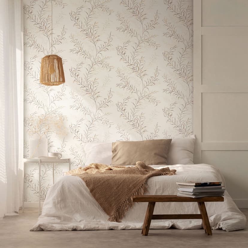 Carta da parati in tessuto non tessuto foglie natura floreale opaca in bianco beige