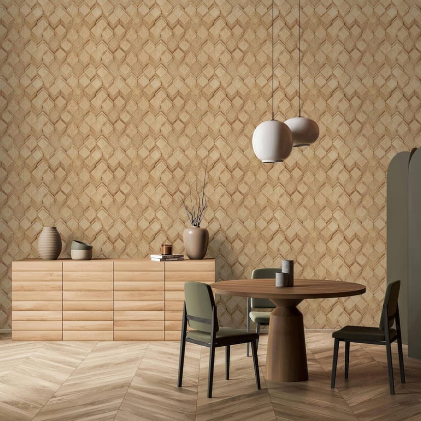 Carta da parati in tessuto non tessuto in beige e marrone con illusione di rombi e look 3D moderno