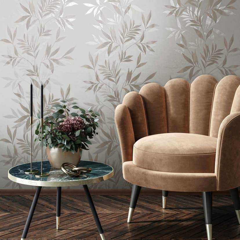 Carta da parati in tessuto non tessuto di colore bianco, beige con motivo a foglia e natura floreale