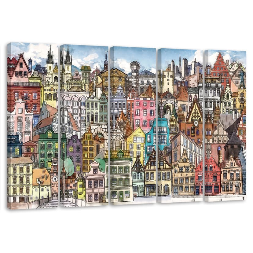 Stampa su tela 5 pezzi, Città felice
