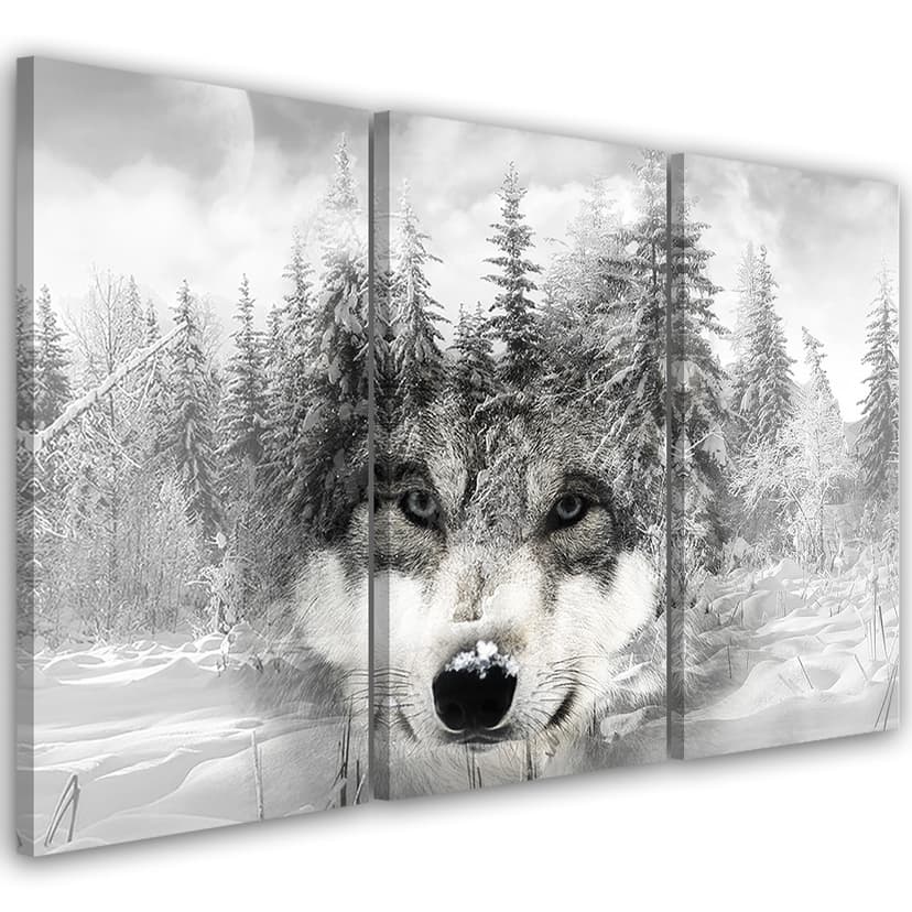 Stampa su tela 3 pezzi, Wolf Forest Nature Grey