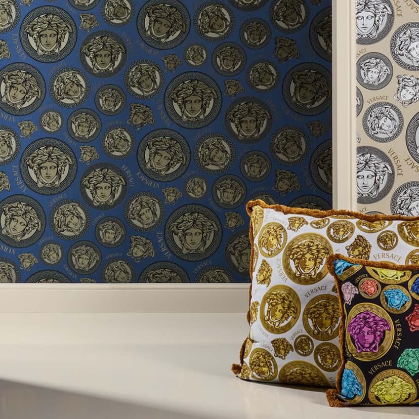 Carta da parati Versace in blu e beige Carta da parati di lusso in tessuto non tessuto testa di medusa