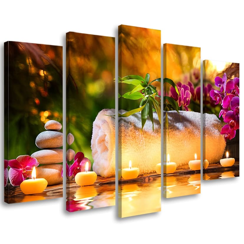 Stampa su tela 5 pezzi, candele di pietre di orchidea zen