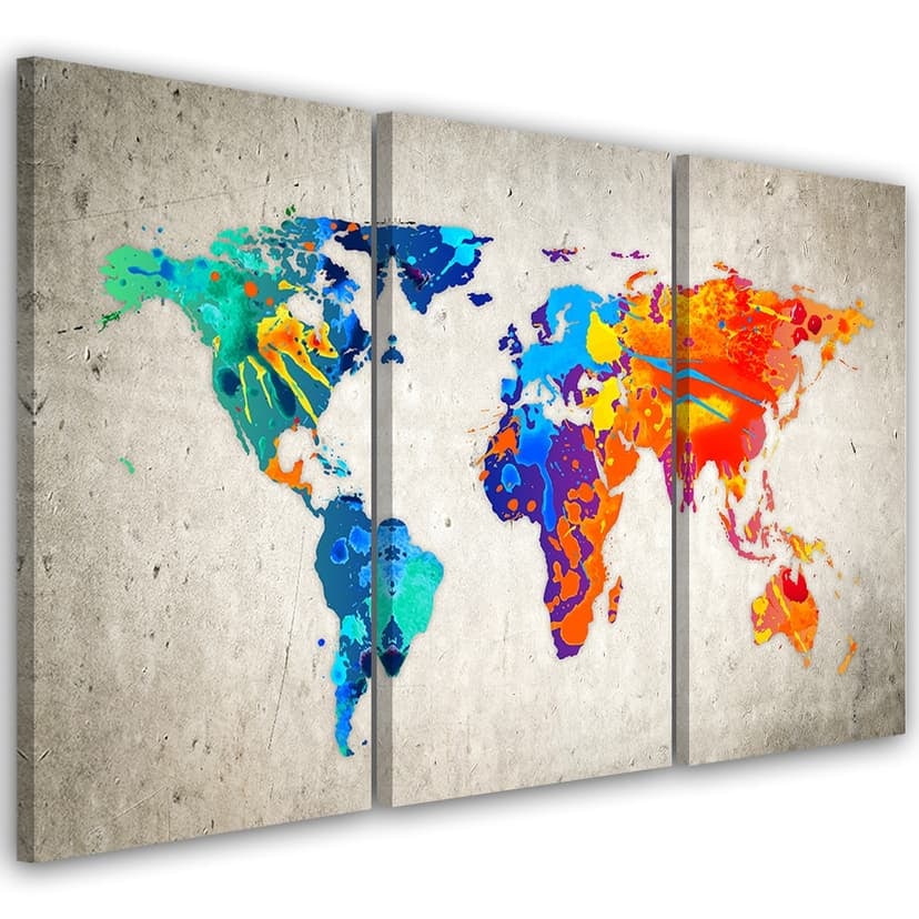 Stampa su tela 3 pezzi Mappa del mondo colorata