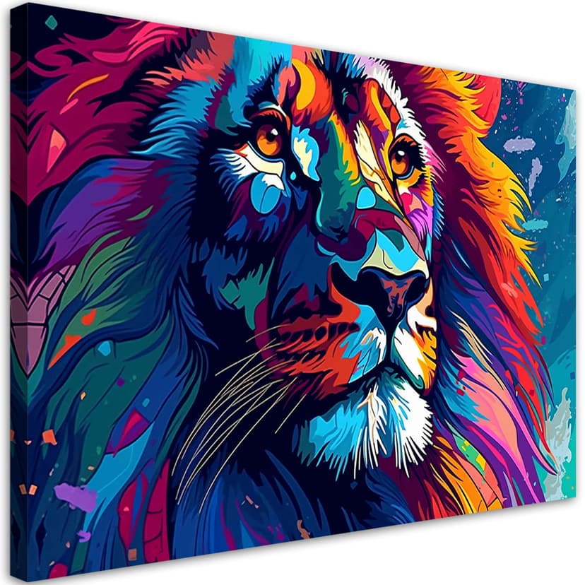 Stampa su tela colorata con astrazione di leone al neon