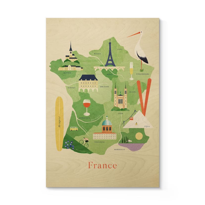 Carta geografica in legno della Francia - Rivers