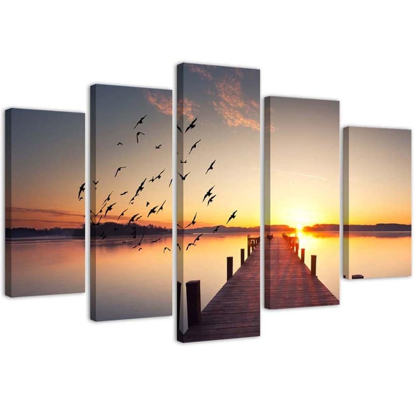 Stampa su tela 5 pezzi, Jetty Birds Sunset