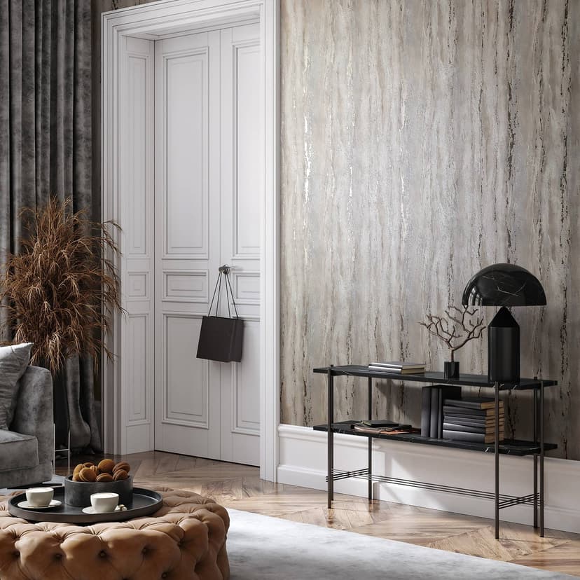 Carta da parati in tessuto non tessuto con texture lucida e ruvida beige, aspetto intonaco grigio