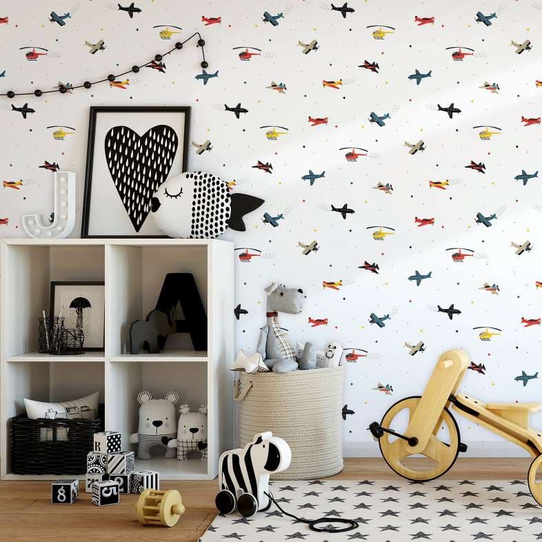 Carta da parati per bambini, carta da parati in tessuto non tessuto con illustrazione Kids Walls bianca, colorata
