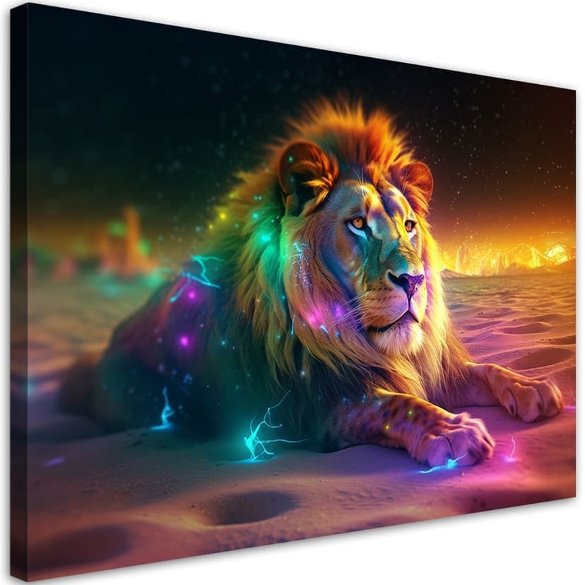 Stampa su tela animale AI leone astrazione neon