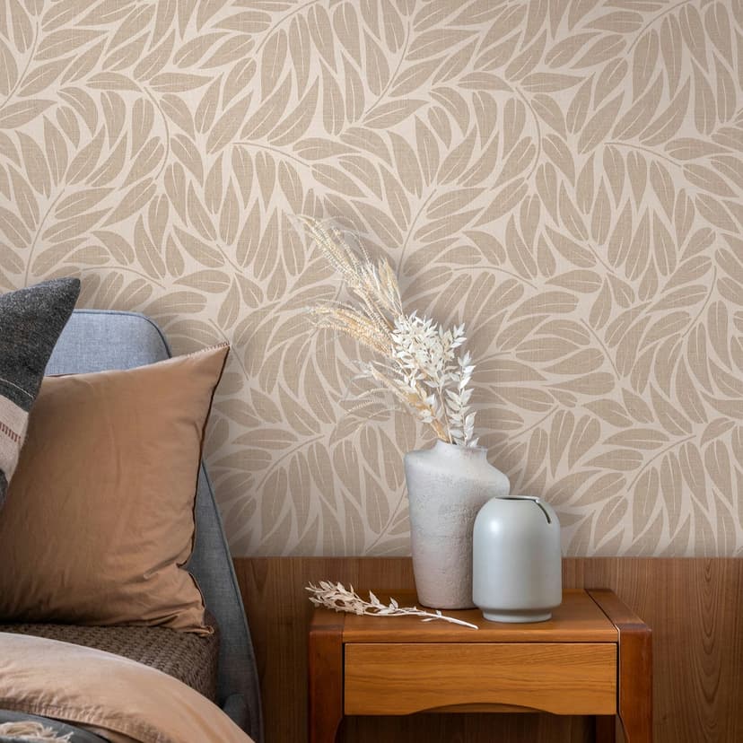 Carta da parati in tessuto non tessuto foglie natura floreale opaca in beige marrone