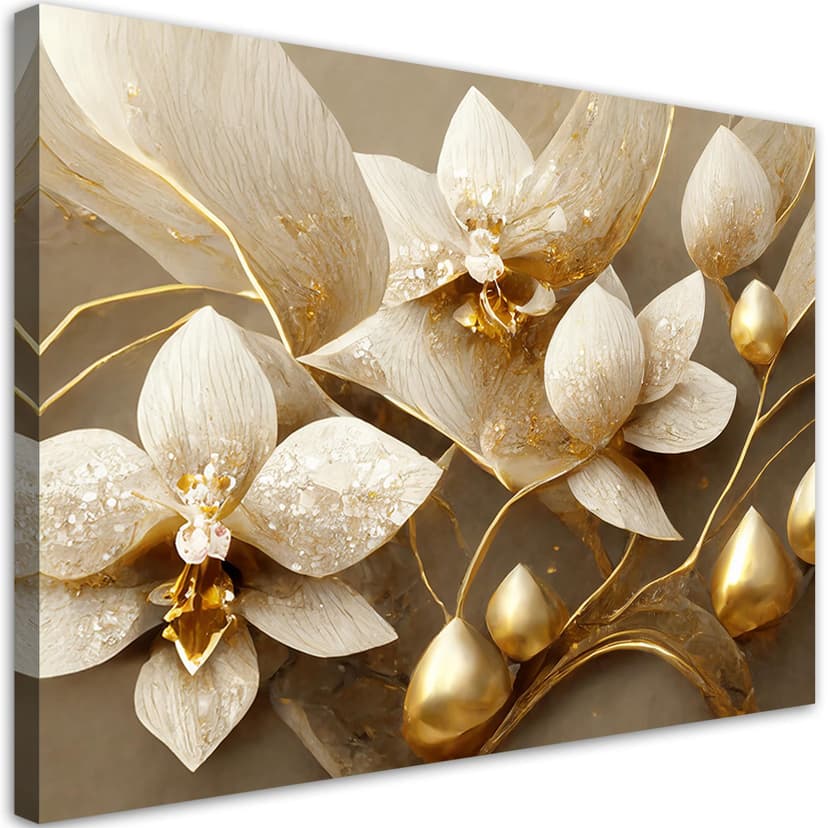 Stampa su tela, fiori 3D oro glamour