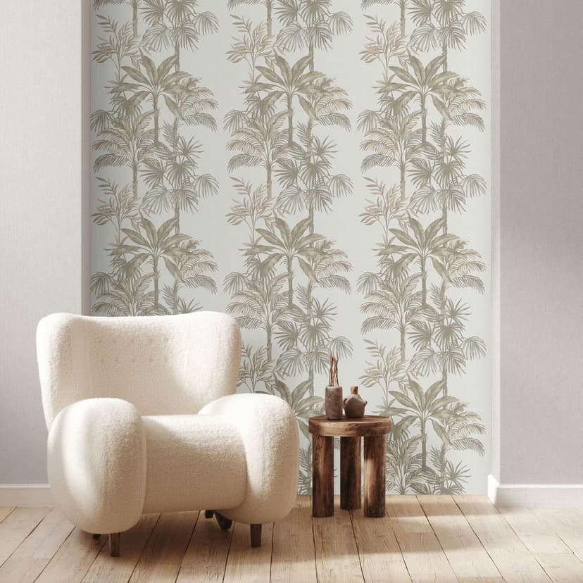 Carta da parati in tessuto non tessuto bianco beige alberi foglie giungla natura floreale