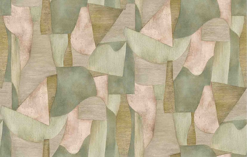 Fotomurale con motivo Forme astratte in verde salvia e beige con lino 2,7 x 4,24 m