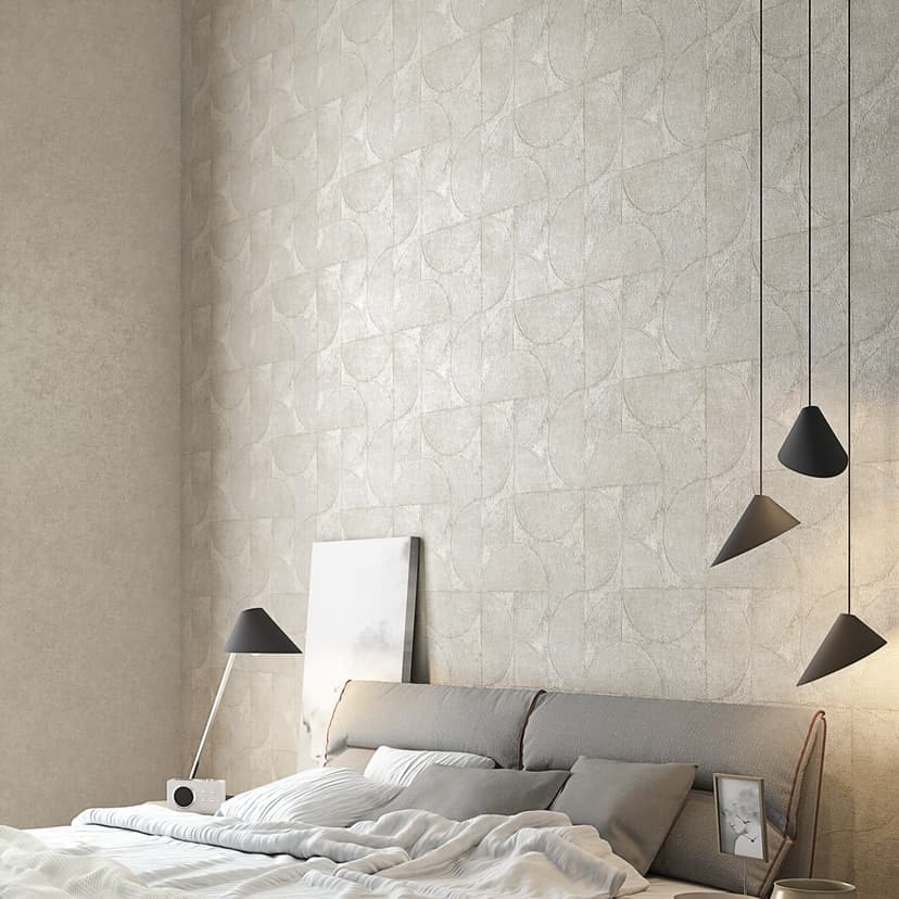 Carta da parati in tessuto non tessuto con semicerchi e rettangoli beige, texture perlata