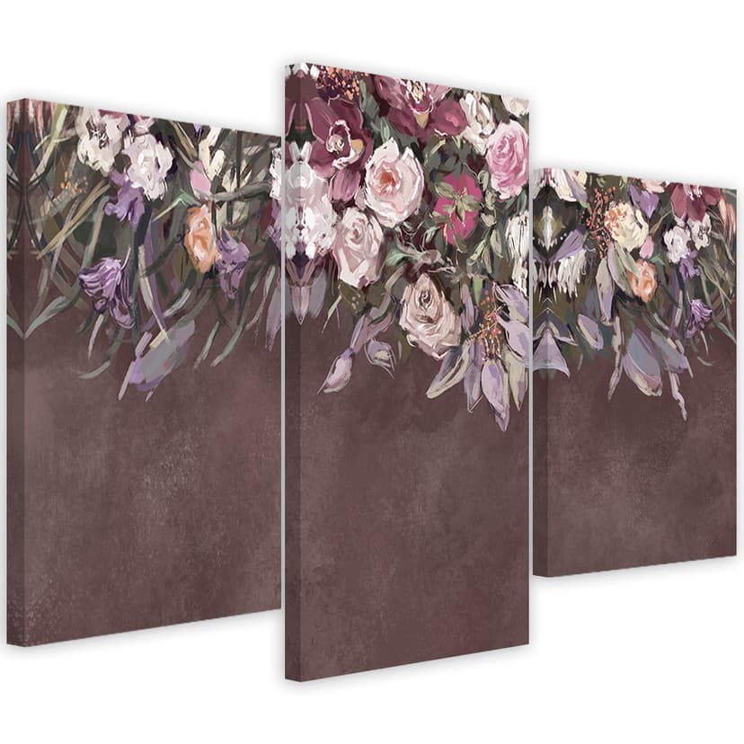 Stampa su tela 3 pezzi, fiori ricoperti di vegetazione