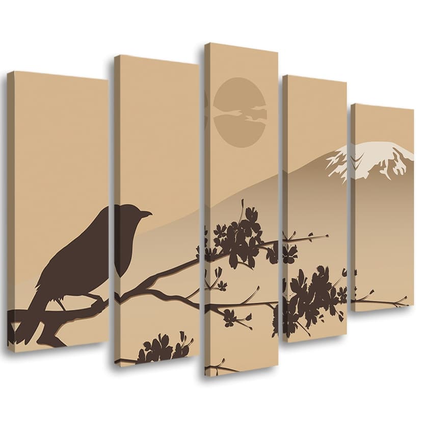 Stampa su tela 5 pezzi, Giappone Fuji uccello beige