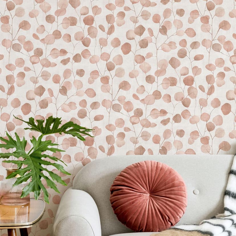 Carta da parati in tessuto non tessuto beige con foglie dall'aspetto floreale