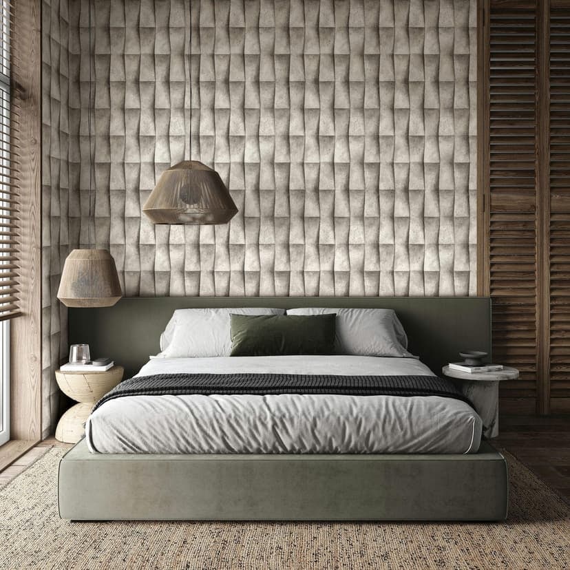 Carta da parati in tessuto non tessuto di colore beige, grigio effetto intonaco, illusione di strisce 3D look moderno industriale