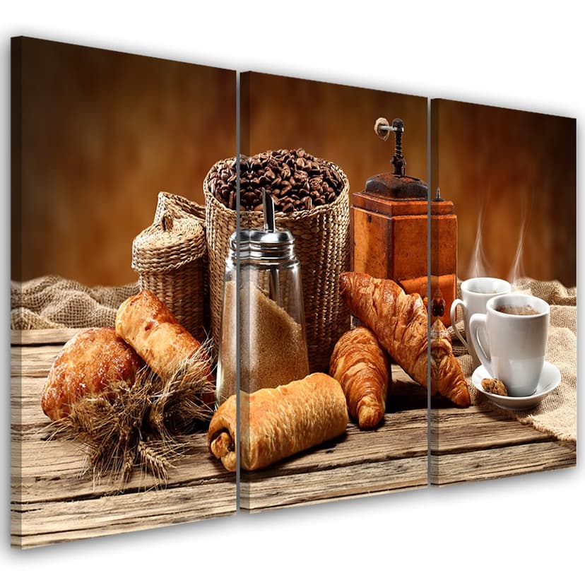 Stampa su tela in 3 parti, caffè con croissant