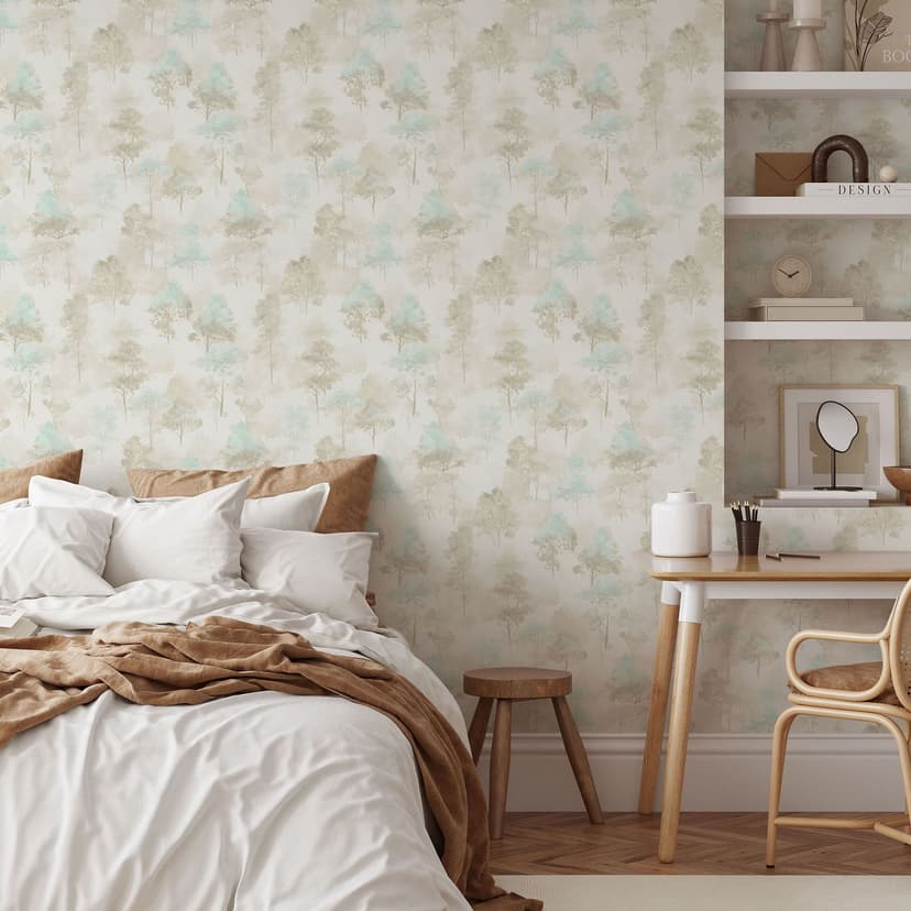 Carta da parati in tessuto non tessuto con alberi e acquerello in beige menta crema Scandinavo