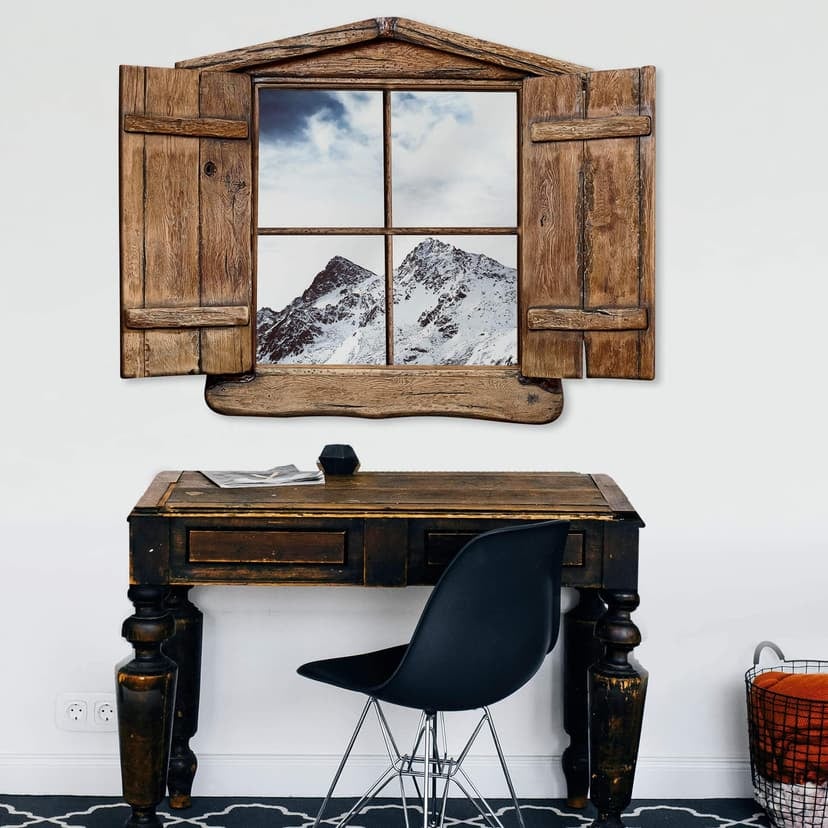adesivo murale 3D con finestra in legno - Montagna di neve