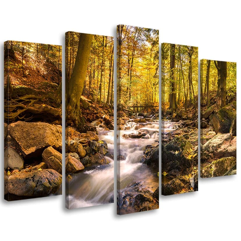Stampa su tela 5 parti, ruscello di montagna bosco autunnale