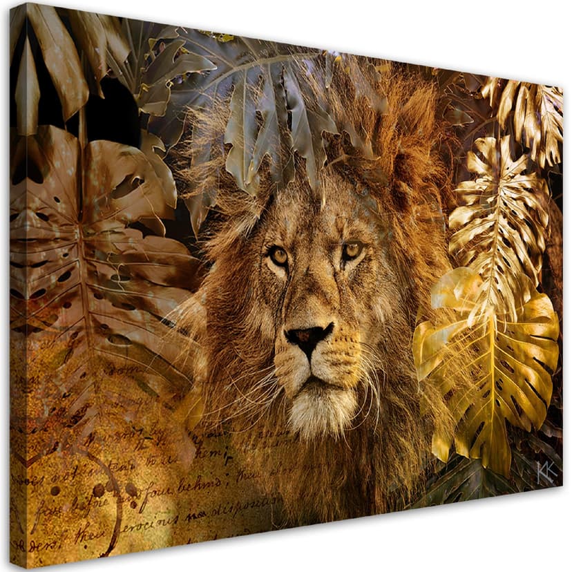 Stampe su tela, Leone e Monstera foglie dorate