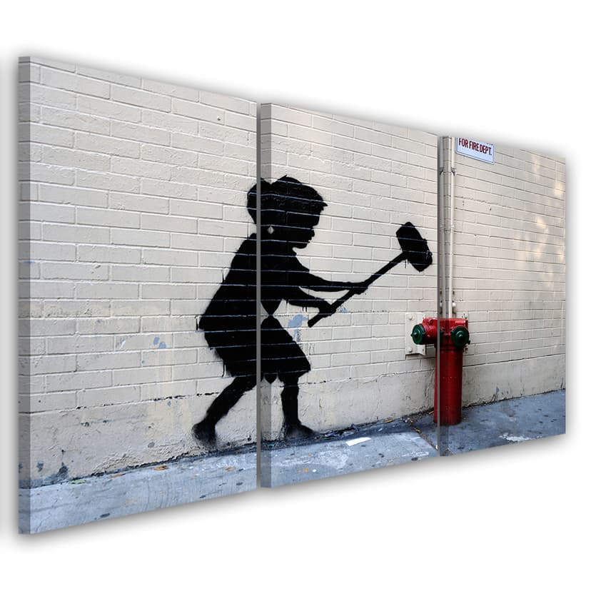 Stampa su tela 3 pezzi, Banksy Hammer Boy Street