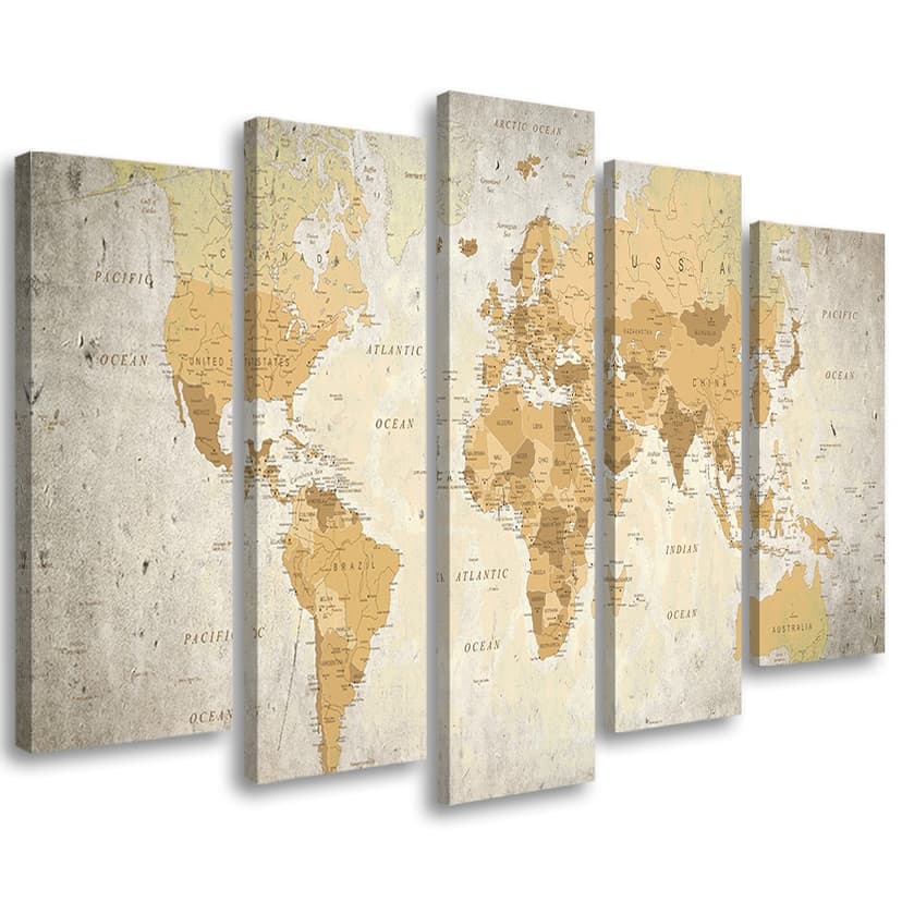 Stampa su tela 5 pezzi, mappa del mondo marrone