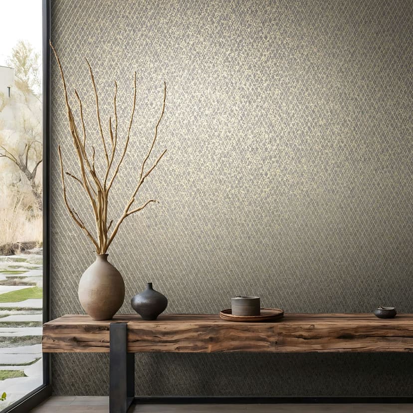 Carta da parati in tessuto non tessuto di colore nero e oro con motivo geometrico a diamante
