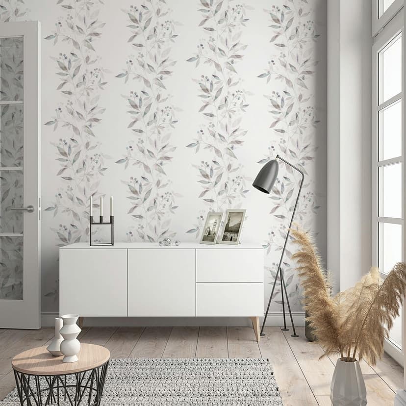 Carta da parati da parati in tessuto non tessuto con foglie di natura floreale opaca in bianco grigio
