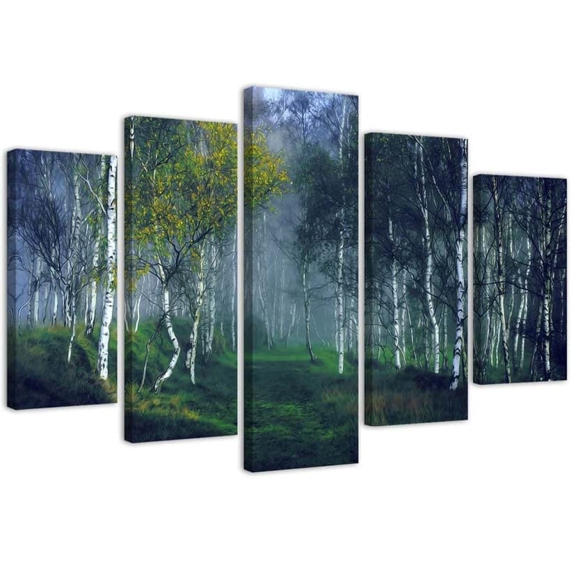 Stampa su tela 5 pezzi, foresta di betulle nel paesaggio nebbioso