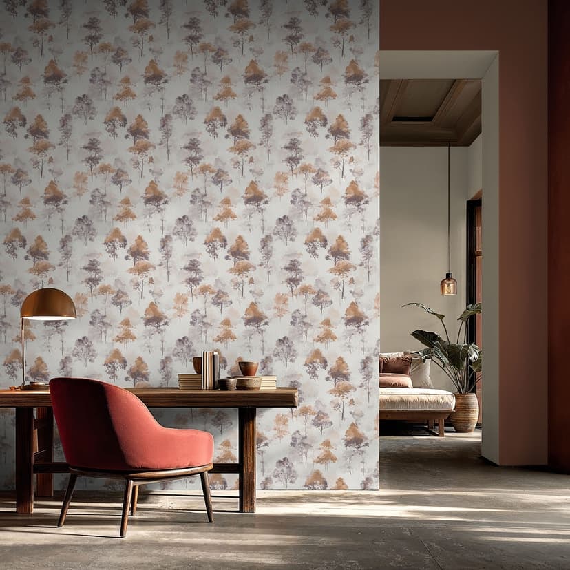 Carta da parati in tessuto non tessuto acquerello foresta in beige marrone grigio con alberi in look autunnale
