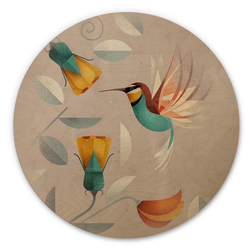 Stampa su legno motivo uccello - Colibrì rotondo - Marrone