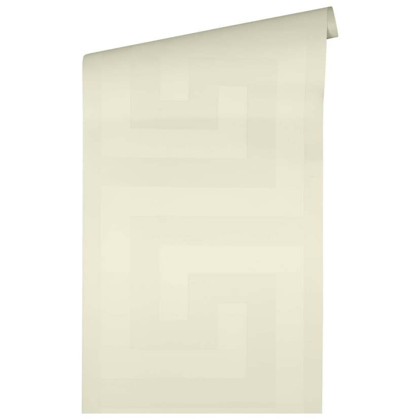 Carta da parati Versace in tessuto non tessuto bianco con motivo a meandro e disegno geometrico di lusso