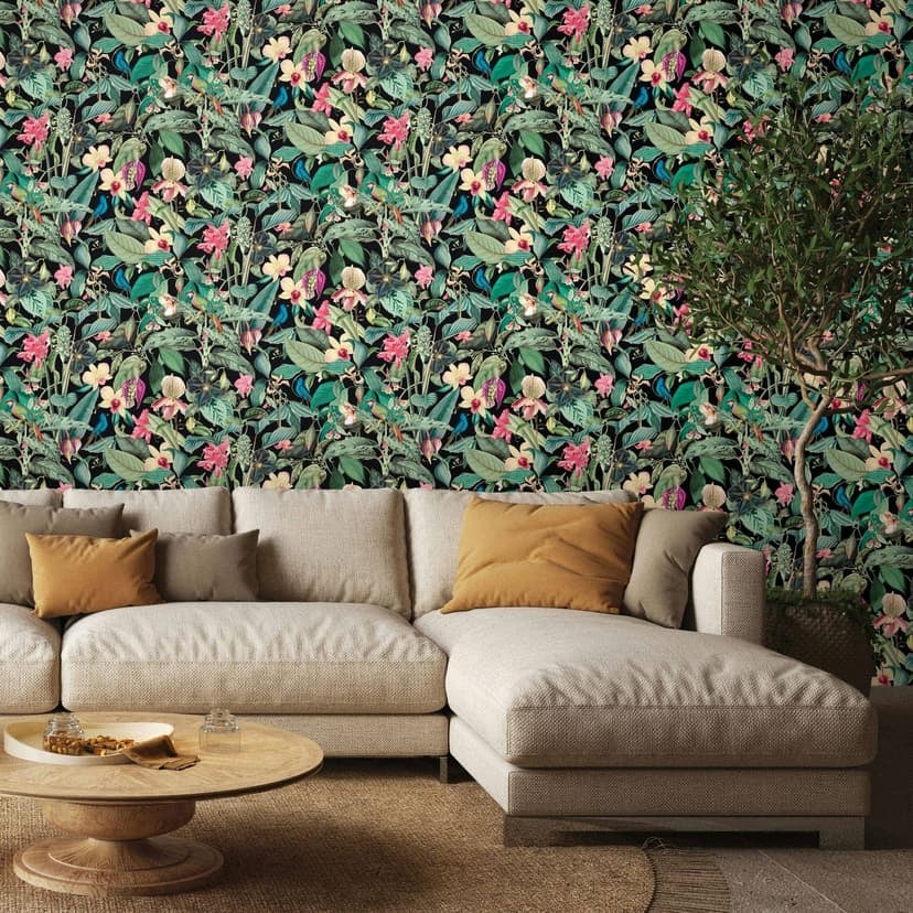 Carta da parati in tessuto non tessuto in nero, foglie verdi, fiori e natura floreale