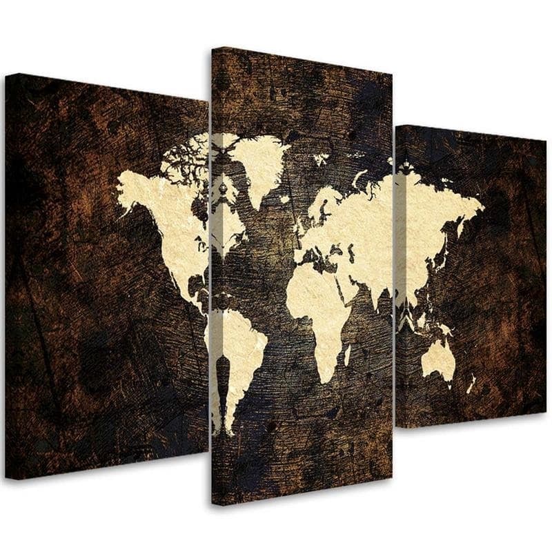 Stampa su tela 3 pezzi Mappa del mondo marrone
