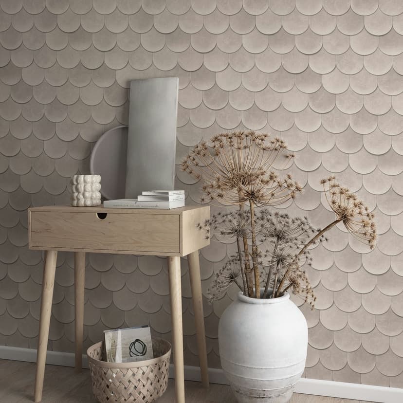 Carta da parati in tessuto non tessuto di colore grigio con aspetto 3D, squame vintage con aspetto geometrico