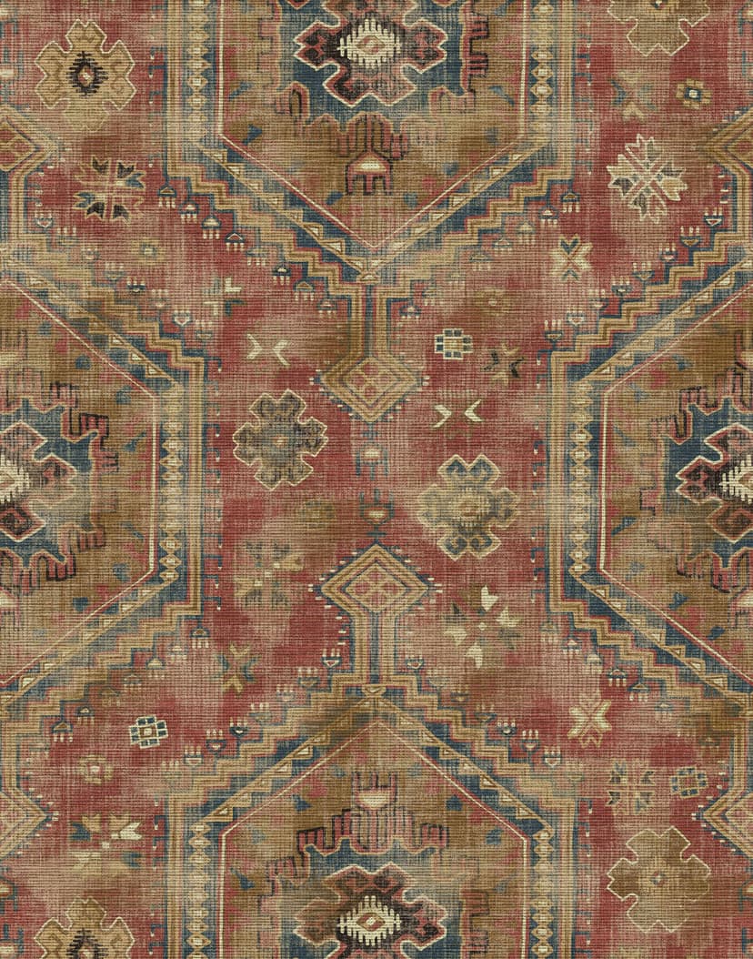 Fotomurale con motivo tappeto vintage in rosso ruggine e oliva 3,4 x 2,65 m