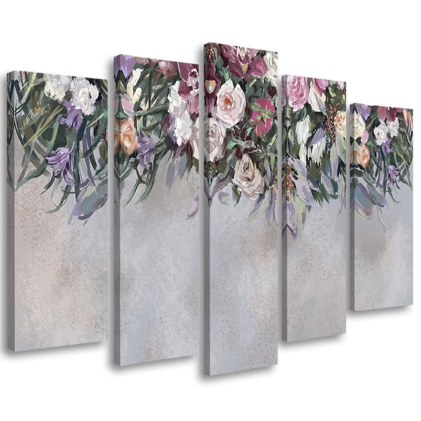 Stampa su tela 5 pezzi, fiori ricoperti di vegetazione