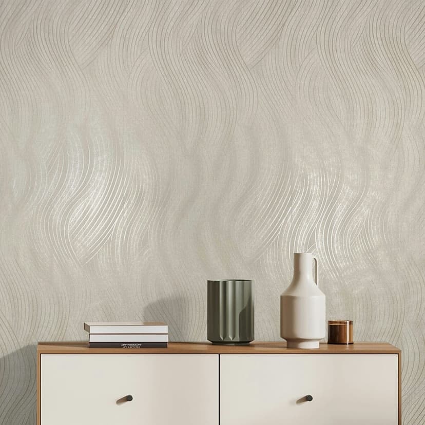 Carta da parati in tessuto non tessuto in beige, grigio effetto onda con texture grafica moderna