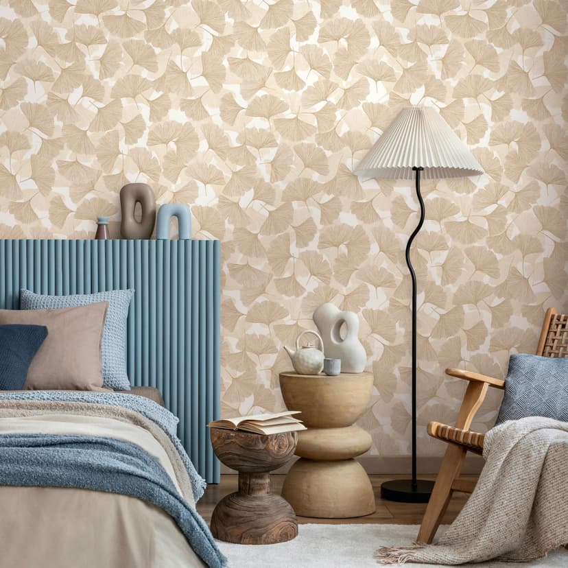 Carta da parati in tessuto non tessuto 3D, foglie floreali natura opaca in beige