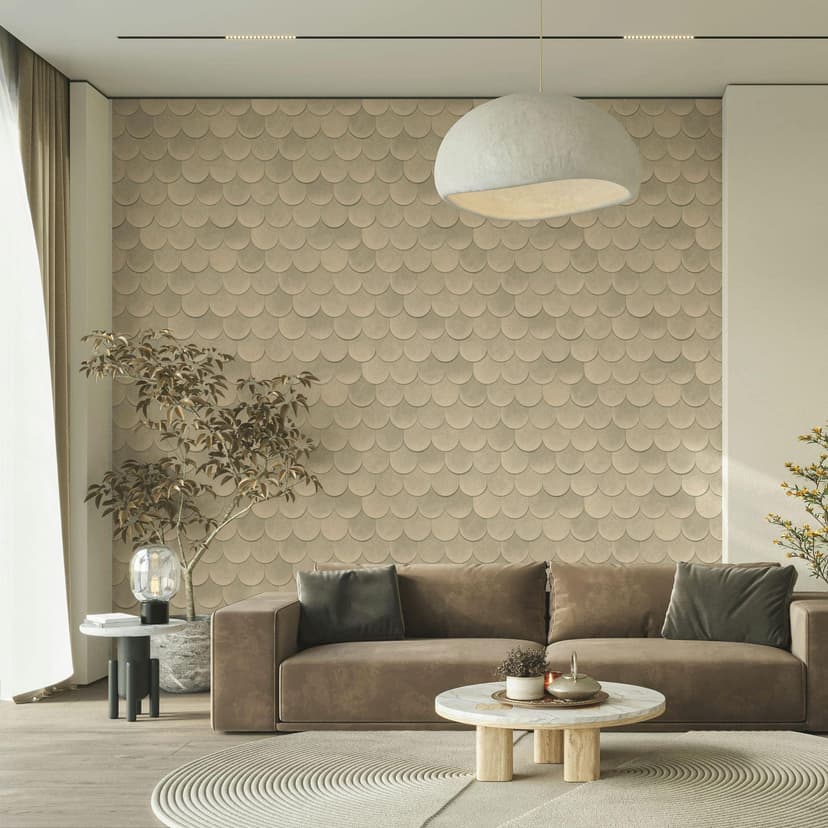 Carta da parati in tessuto non tessuto di colore beige-marrone con aspetto 3D, squame vintage con aspetto geometrico