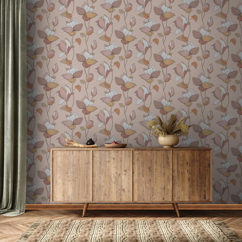 Carta da parati, tessuto non tessuto floreale Flora beige, marrone