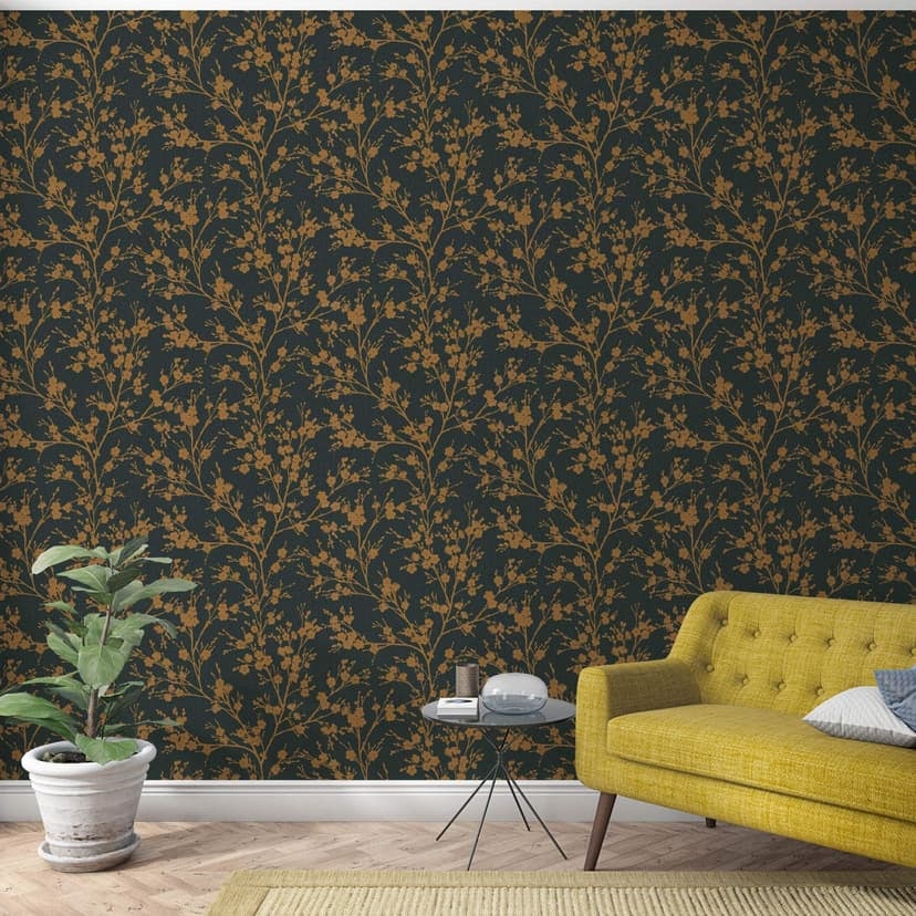 Carta da parati a fiori, tessuto non tessuto Novamur Yvi nero, oro