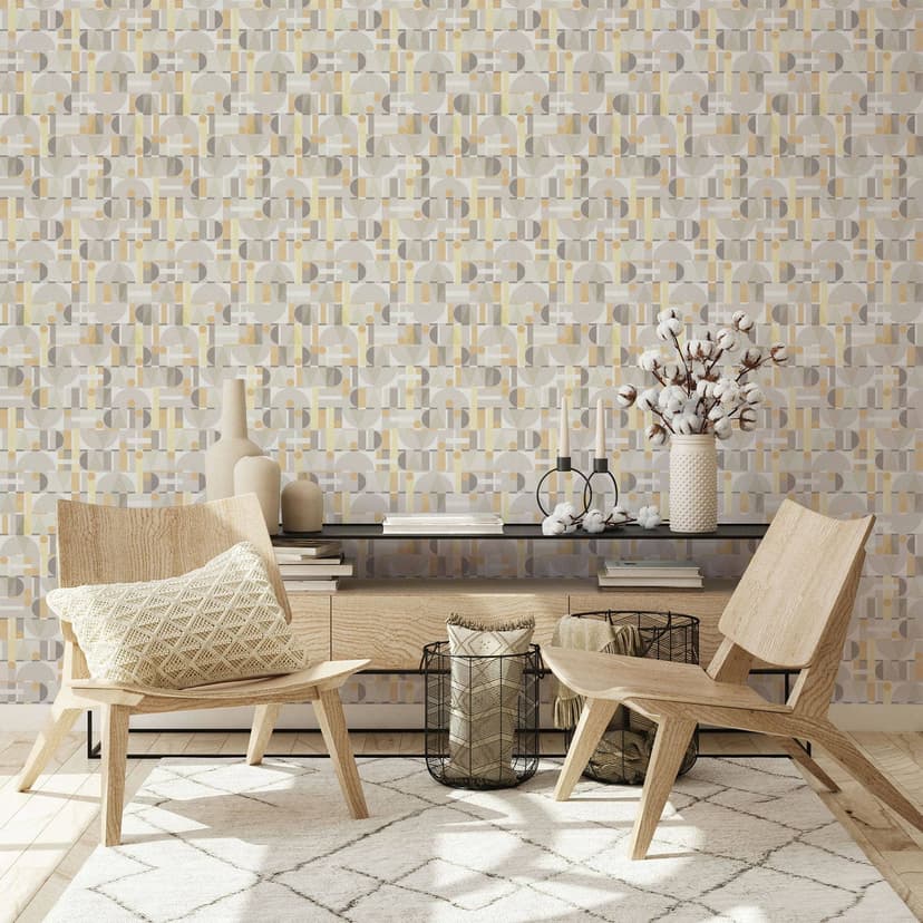 Carta da parati in tessuto non tessuto in grigio bianco giallo forme moderne grafica geometrica